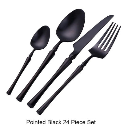 Conjunto de Talheres 24 Peças Aço Inox Fosco Preto Dourado Jogo de Talheres de Mesa Faca Colher Garfo Lavável em Lava-louças