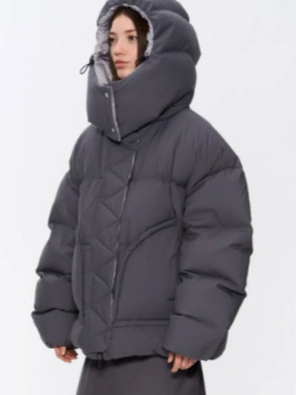 Detachable Hooded Padded Jackets Women's Loose Full Sleeves Zipper Pockets Stand Collar Coats 2025 Autumn Winter Female Outwear