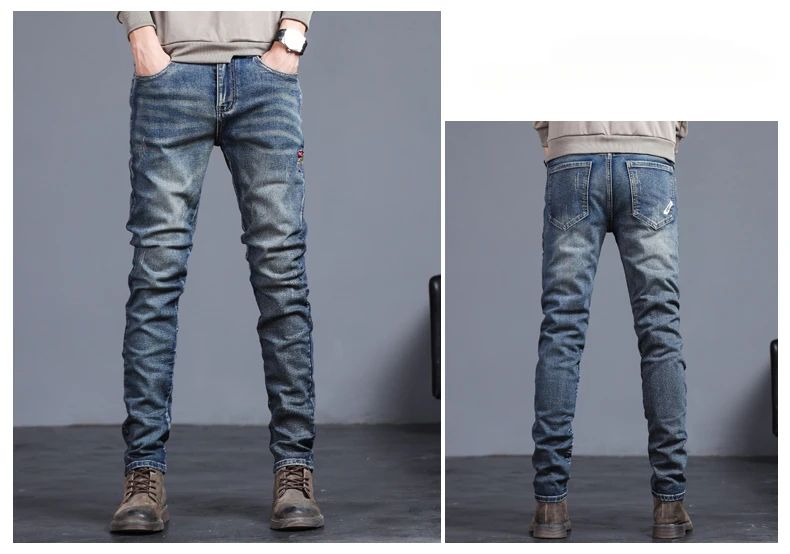 Novas Calças Jeans Masculinas Vintage Coreanas da Moda Slim com Pés Pequenos Bordados Calças Elásticas Masculinas de Sarja Streetwear
