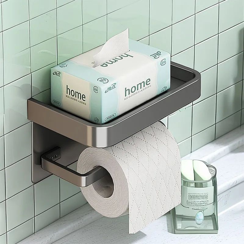 Suporte de Papel Higiênico de Liga de Alumínio para Montagem na Parede Organizador de Armazenamento de Banheiro Suporte para Celular Acessórios de Banheiro