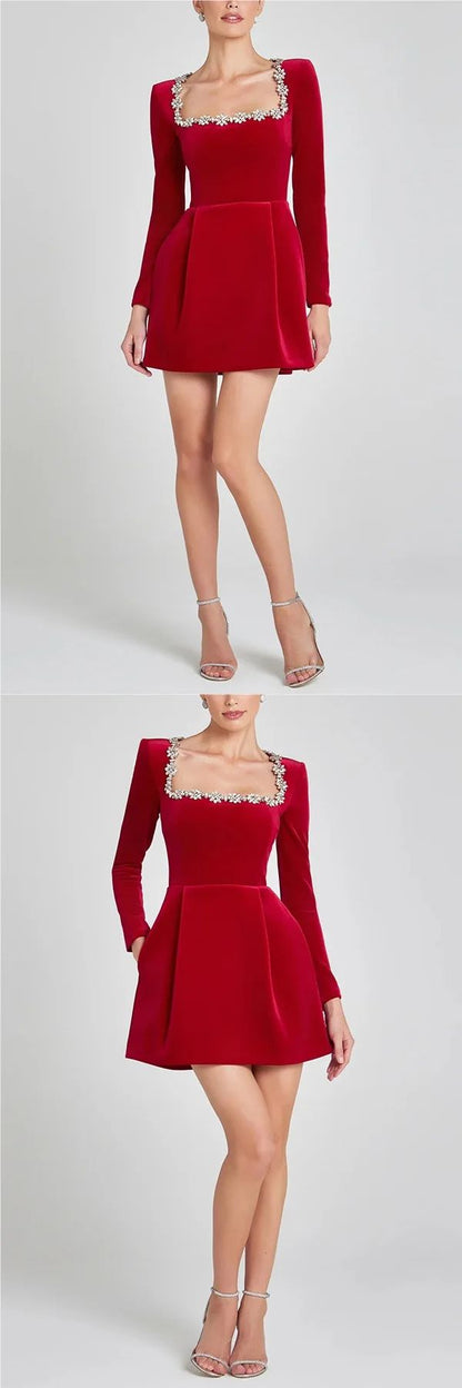 Elegant Short Velvet Dress with Diamond Embellishment Square Collar Independent Station Cross-border Spring Women's Fashion