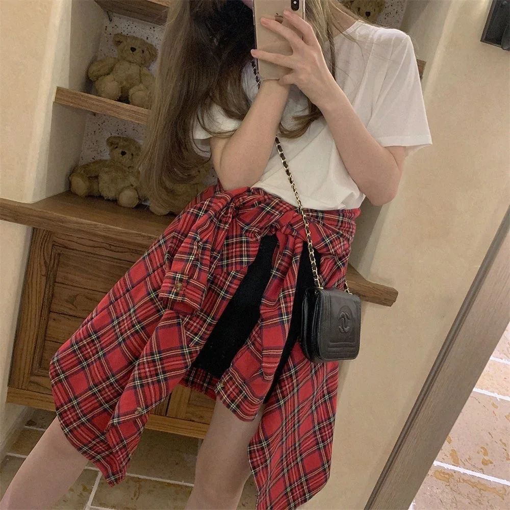 Scottish Red Plaid Shirt Luxury Hong Kong Style Vintage Loose Fit Women's Button up Shirt Polo Collar Full Sleeve Slim Fit