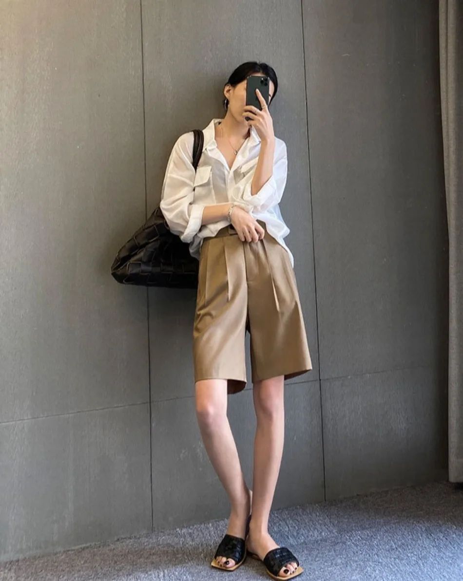 High Waist Wide Leg Suit Shorts for Women Spring Summer Button Straight Short Pants Office Lady Fashion Casual Womens Shorts