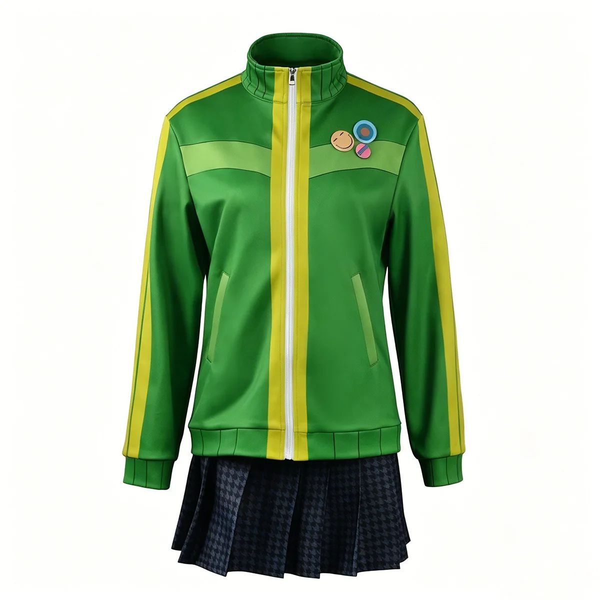 Anime Chie Satonaka Cosplay Costume JK Sport Uniform Costume Green Yellow Striped Zip-Up Track Jacket Skirt Set for Daily Suit