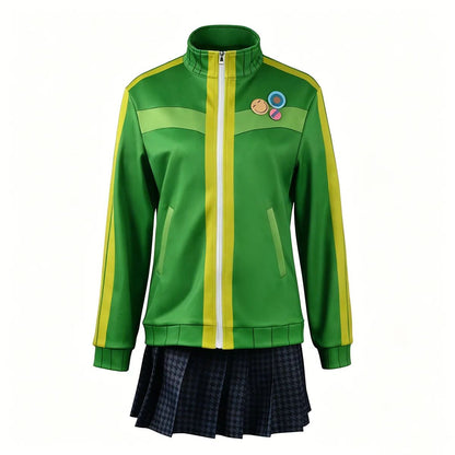 Anime Chie Satonaka Cosplay Costume JK Sport Uniform Costume Green Yellow Striped Zip-Up Track Jacket Skirt Set for Daily Suit
