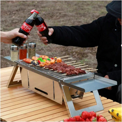 Churrasqueira a Carvão Dobrável de Aço Inoxidável para Uso Externo Pequena Doméstica para Espetos de Churrasco