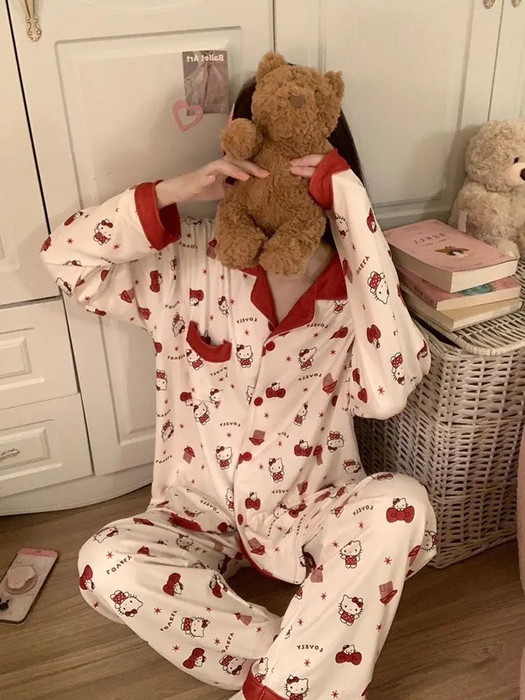 Hello Kitty Women's 2025 Autumn Loose Fit Cardigan Pajama Set Long Sleeve Cozy Home Wear Sleepwear Loungewear Outfit