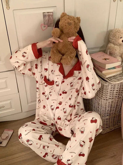 Hello Kitty Women's 2025 Autumn Loose Fit Cardigan Pajama Set Long Sleeve Cozy Home Wear Sleepwear Loungewear Outfit