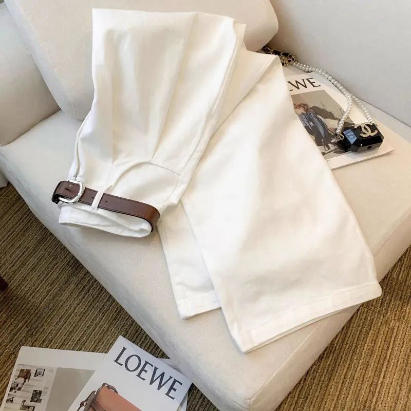 White Wide Leg Jeans High Waist Casual Loose Women's Denim Pants Folded Design Versatile plus Size Floor-Length Trousers