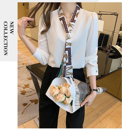 FANAN Elegant Fashion Office Lady Bow Solid Chiffon Shirts Women Clothing New Long Sleeve V-Neck Pullover Top Blouses Female2025