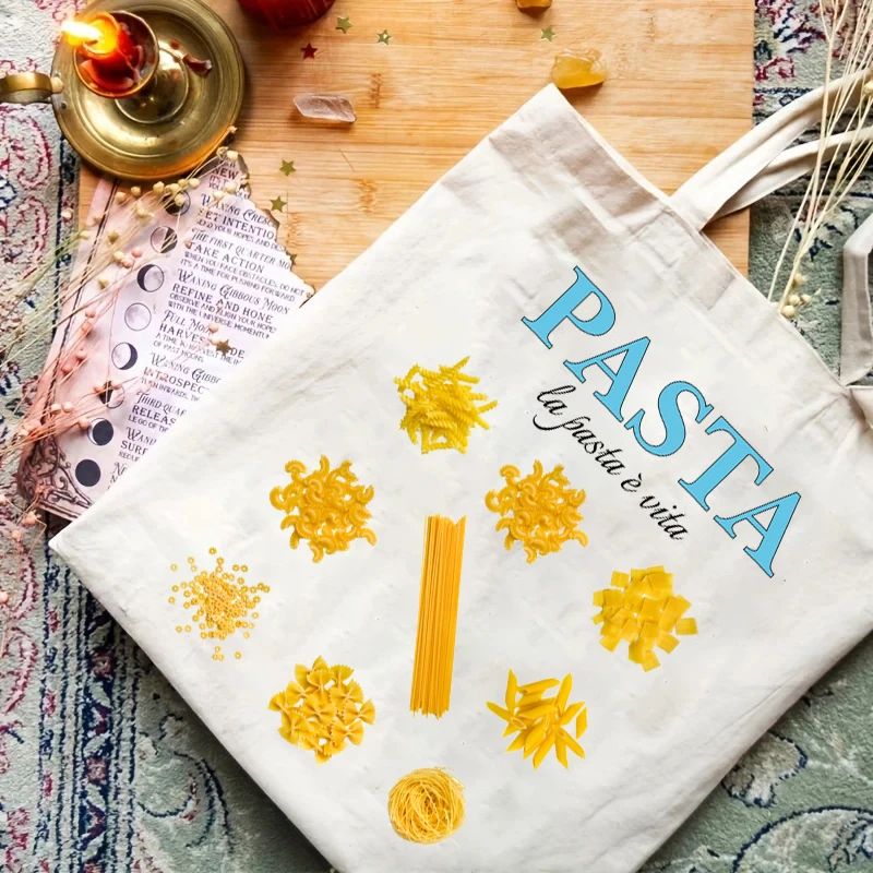 1pcs Pasta Lover Club Artistic Print Canvas Tote Bag Vintage Style Art Bag Luggage Bag Reusable Shoulder Bags
