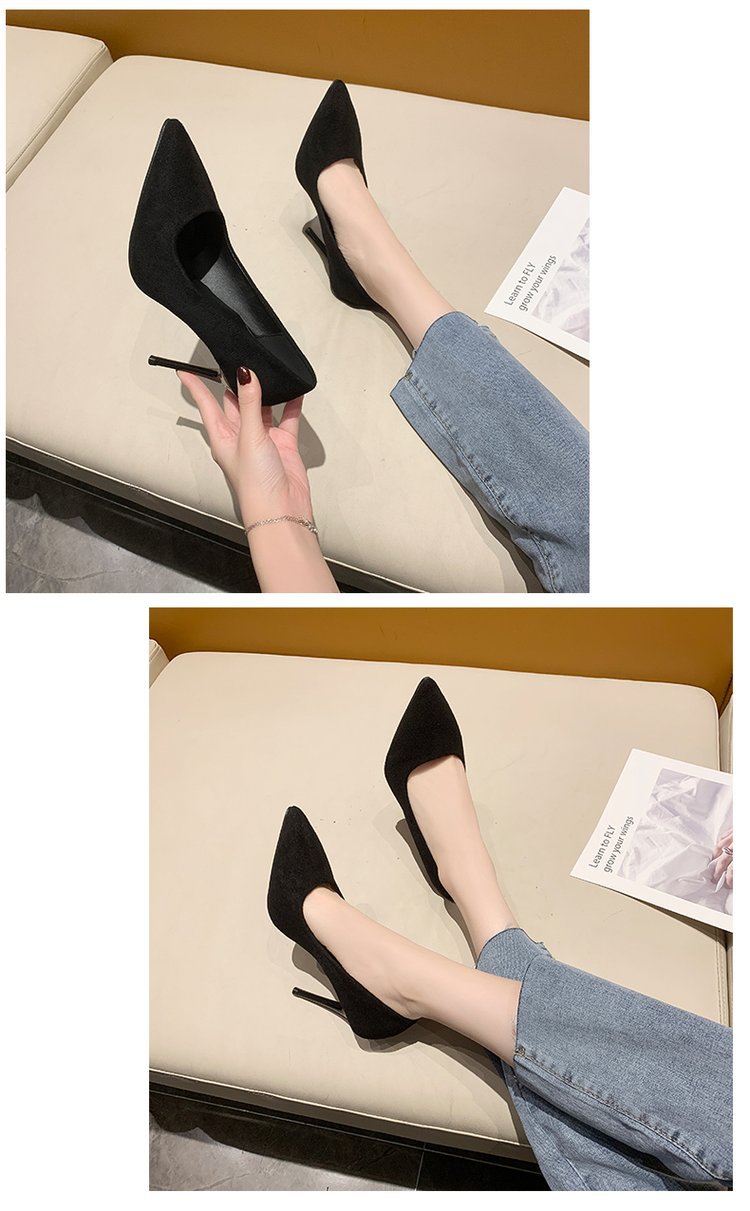 High Heels Women's New Women's Shoes Pointed Shallow Mouth Single Shoes Fine Heel Suede Black Fashion Shoes Women Large Size