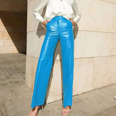Women's Trousers Spring Fashion PU Leather Mid High Waist Lifting Hip Straight Leg Casual Women's Pants