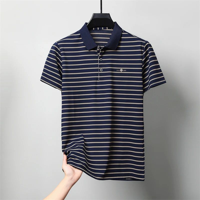 Men's Casual and Fashionable Striped Short Sleeved Polo Shirt Summer Comfortable Sweat Absorbing Breathable and Versatile Top