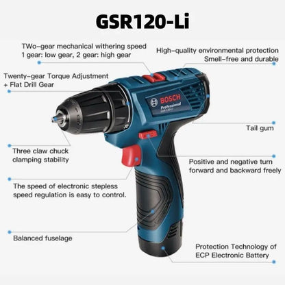 BOSCH GSR 120-LI 12V ferramenta elétrica recarregável, parafusadeira elétrica, furadeira elétrica manual de lítio, bateria 2.0Ah