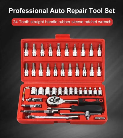 Jogo de Ferramentas para Carro Mecânico 46 Peças Kit Soquete de 1/4 Pol. com Chave Catraca de Torque - Combo para Reparo Automotivo