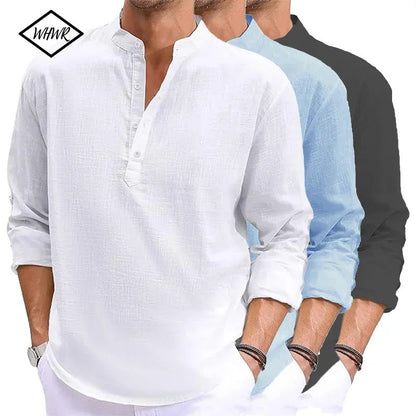 New Men's Linen Long Sleeve TShirt Cotton Mens Shirts Designer Lightweight Streetwear Solid Color Loose Casual Breathable Shirt