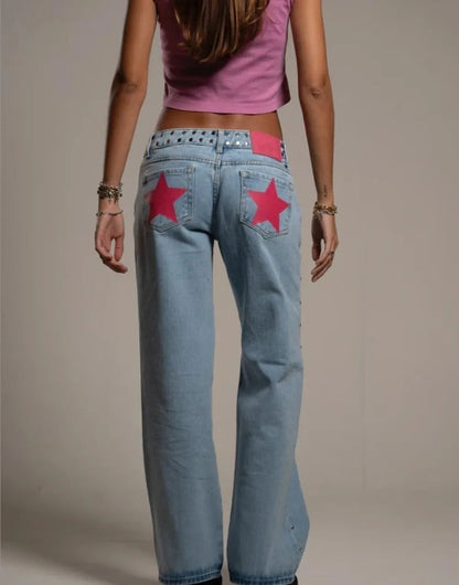ONE DILEMMA Five-Pointed Star Print High Waited Jeans New Street Harajuku Baggy Jeans Women Clothing Casual Straight Denim Pants