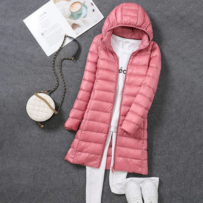 Women Ultra Lightweight Packable Long Puffer Jacket 2023 New Autumn Winter Warm Hat Detachable Hooded Female Coat Parka 5XL 7XL