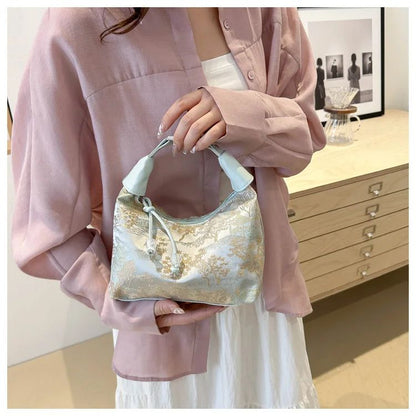 Sweet Embroidery Shoulder Bag Nylon Texture Pearl Pendant Crossbody Bag Small Bucket Handbag Women Canvas Luxury Cheongsam Bag