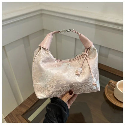 Sweet Embroidery Shoulder Bag Nylon Texture Pearl Pendant Crossbody Bag Small Bucket Handbag Women Canvas Luxury Cheongsam Bag
