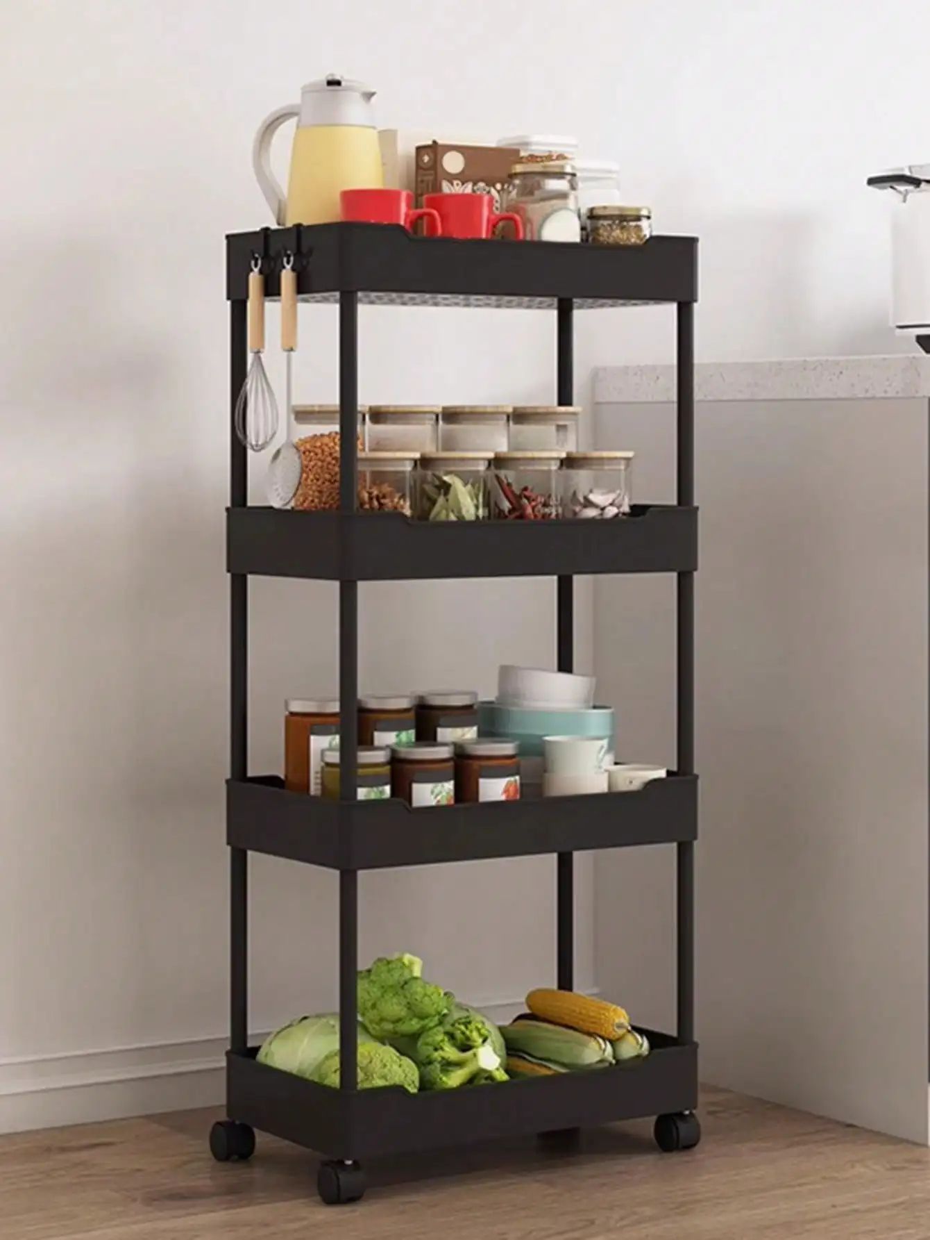Rack de armazenamento móvel com 3/4 níveis para espaços estreitos, carrinho utilitário com rodinhas, prateleira organizadora fina para cozinha, banheiro e sala de estar