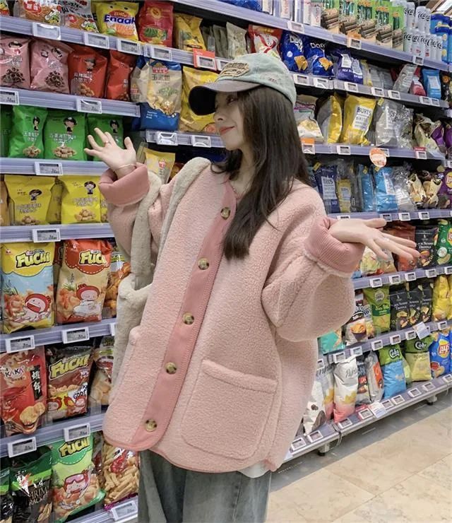 2024 Winter New Women's Lamb Wool Jacket Petite Loose-Fit Thickened Integrated Deer Skin Fleece Medium-Length Korean Style