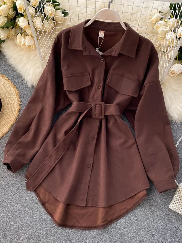 Women Spring Autumn Shirts Retro Cargo Style Pockets Long-Sleeved Shirt Puff Sleeve Bandage Nipped Waist Tops Female PL438