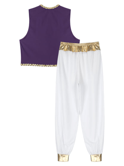 Aladin Costume Men Arabian Prince Cosplay Dress Up Waistcoat Top Harem Pants Suit Halloween Theme Party Carnival Stage Outfits