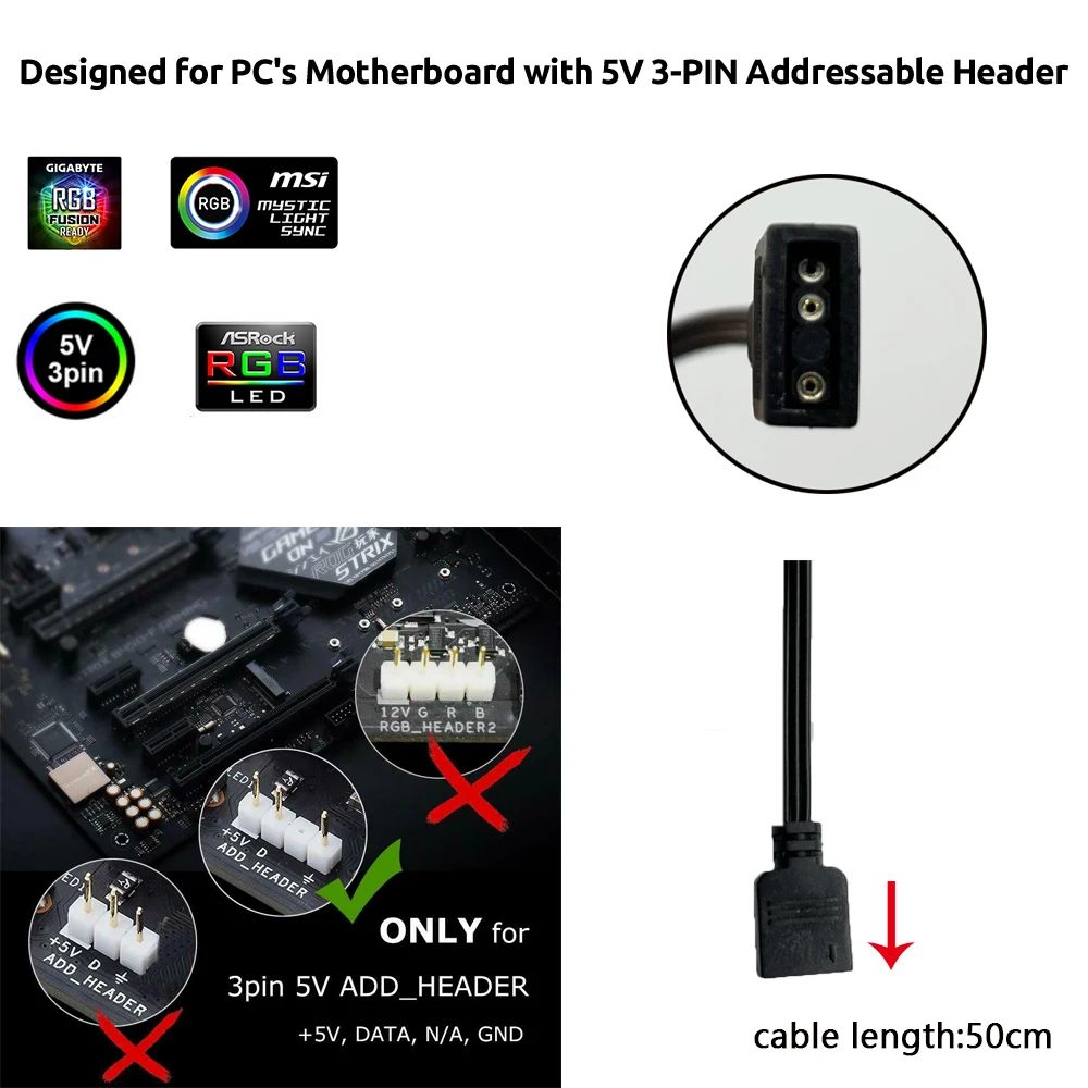 Addressable Rainbow PC Digital WS2812b LED Strip Light for 5V 3pin ARGB Header PC Case Asus Aura Sync RGBIC Fusion MSI Mystic