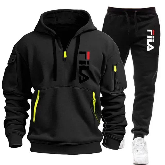 Men's set 2025 Autumn/Winter new Men's hooded sweatshirt + long pants two-piece set, outdoor multi-pocket men's pullover sportsw