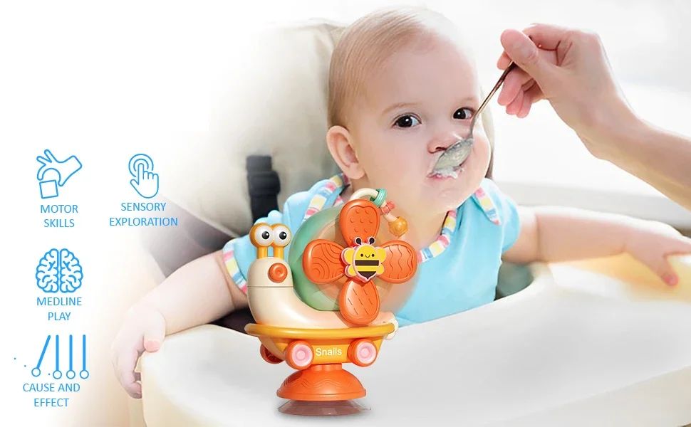 5 in 1 Baby Suction Cup Spinner for 0-12Month Snail Windmill Spinning Music Dining Table Infant Baby Fun Emotion Soothing Toy