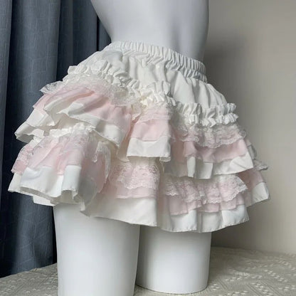 Pink Lace Puffy Skirt Women's Sweet High Waist A- Line Mini Skirt Ballet Style Short Skirt Anti-Light Walking Slimming Effect
