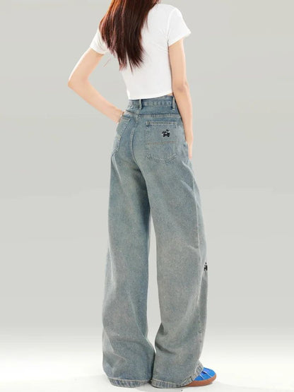 Plus Size Women's Black Dog Embroidery Loose Wide Leg Jeans High Waist Straight Cut Slimming Denim Pants Spring Autumn