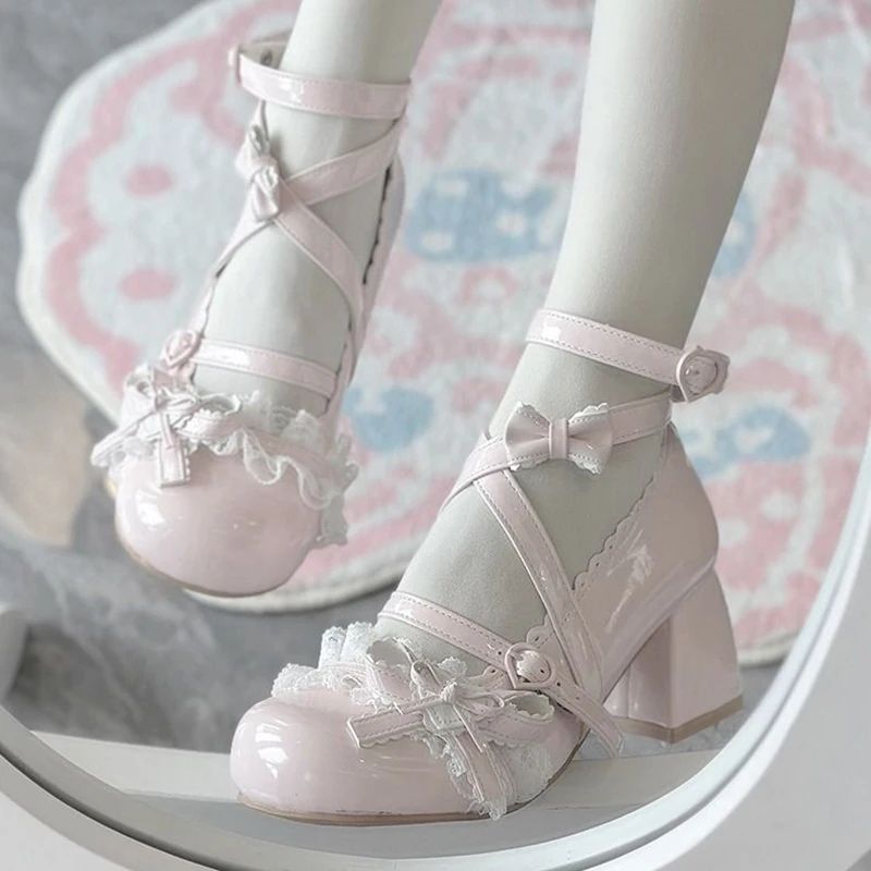 Lolita Mary Jane Shoes 2025 New Women's Cute Bow High Heels Princess Heeled Single Shoes Spring Autumn Leather Pumps