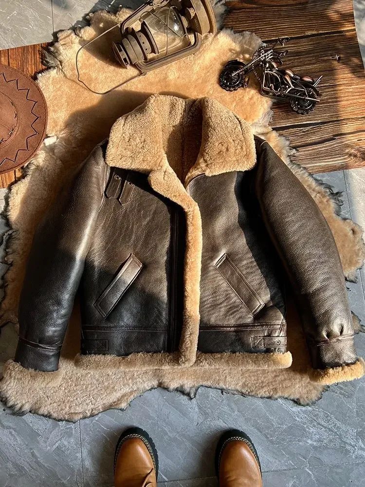 New Fashion 2024 Men's Winter Coat Genuine Leather Natural Sheepskin Shearling Jacket Thick Wool Liner Brown Plus Size XXXXXXL