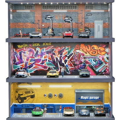 Estacionamento Simulado 1:64 com Luzes Cena em Miniatura Garagem de Brinquedo para Meninos Suporte de Exibição de Carros Coleção Infantil