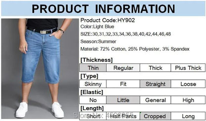 Summer Shorts Calf Length Trousers Plus Size 48 42 Men Denim Elastic Stretched Thin Jean Oversized Classic Straight Streetwear