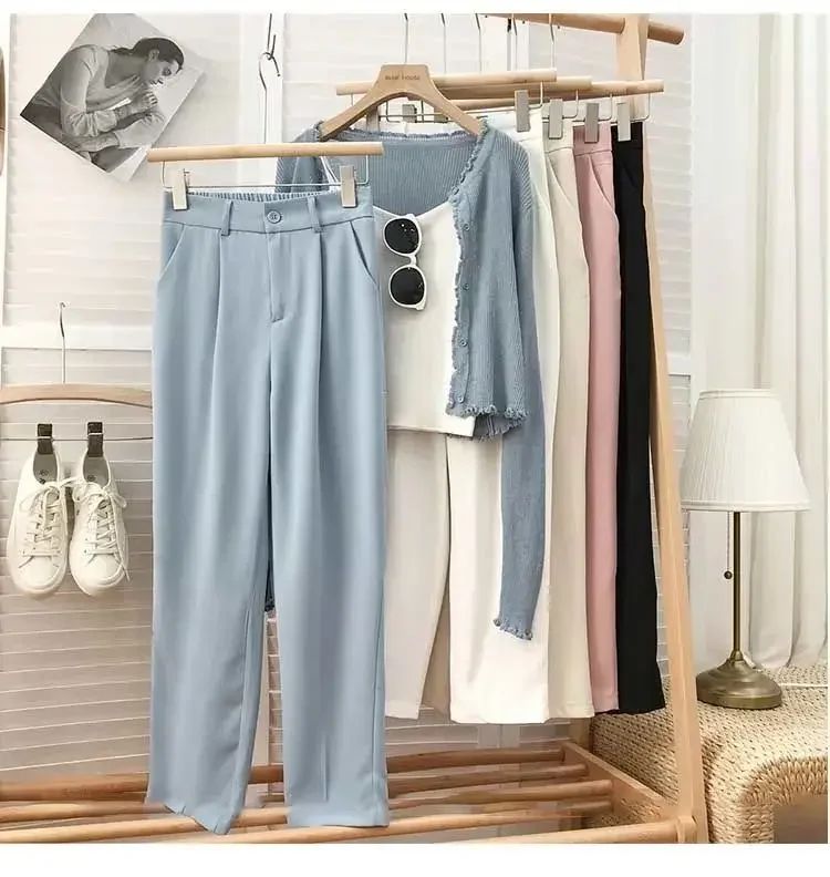 Fashion Elastic High Waist Suit Pants Women Fall Spring Casual Loose Straight Black Trouser Office Ladies Nine Points Streetwear