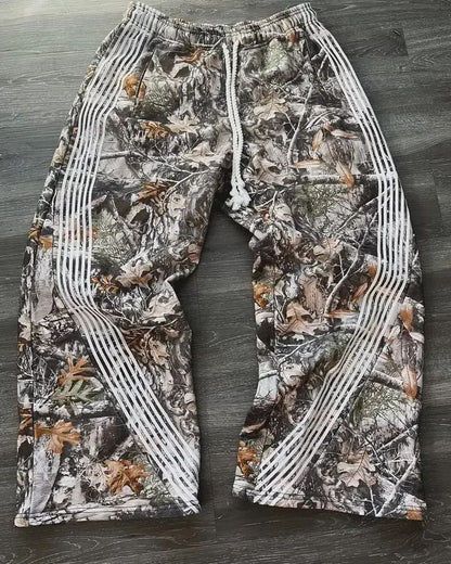 Calça Casual Bordada Cinza Y2k Camuflada Tática Funcional Masculina Feminina Premium Moletom com Cordão