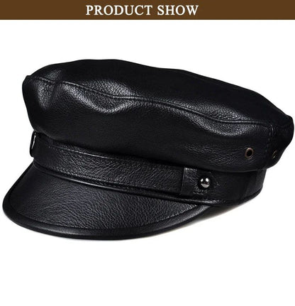 Chapéus Masculinos/Femininos de Inverno em Couro Genuíno Azul-Marinho Unissex Europeu/Americano Streetwear Bonés Pretos Ajustados com Cinto Outdoor Gorro