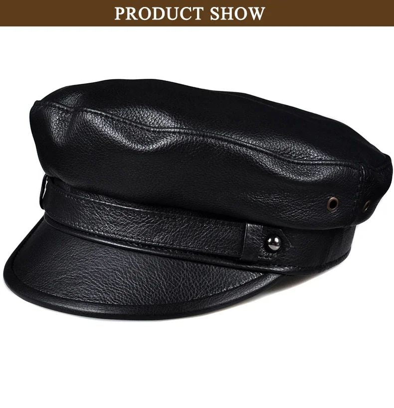 Chapéus Masculinos/Femininos de Inverno em Couro Genuíno Azul-Marinho Unissex Europeu/Americano Streetwear Bonés Pretos Ajustados com Cinto Outdoor Gorro