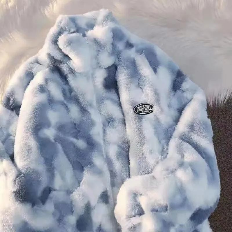 2025 Women's Tie Dye Lamb Fleece Jacket Autumn Winter Zipper Outerwear Warm Plush Harajuku Casual Loose Female Thick Coat