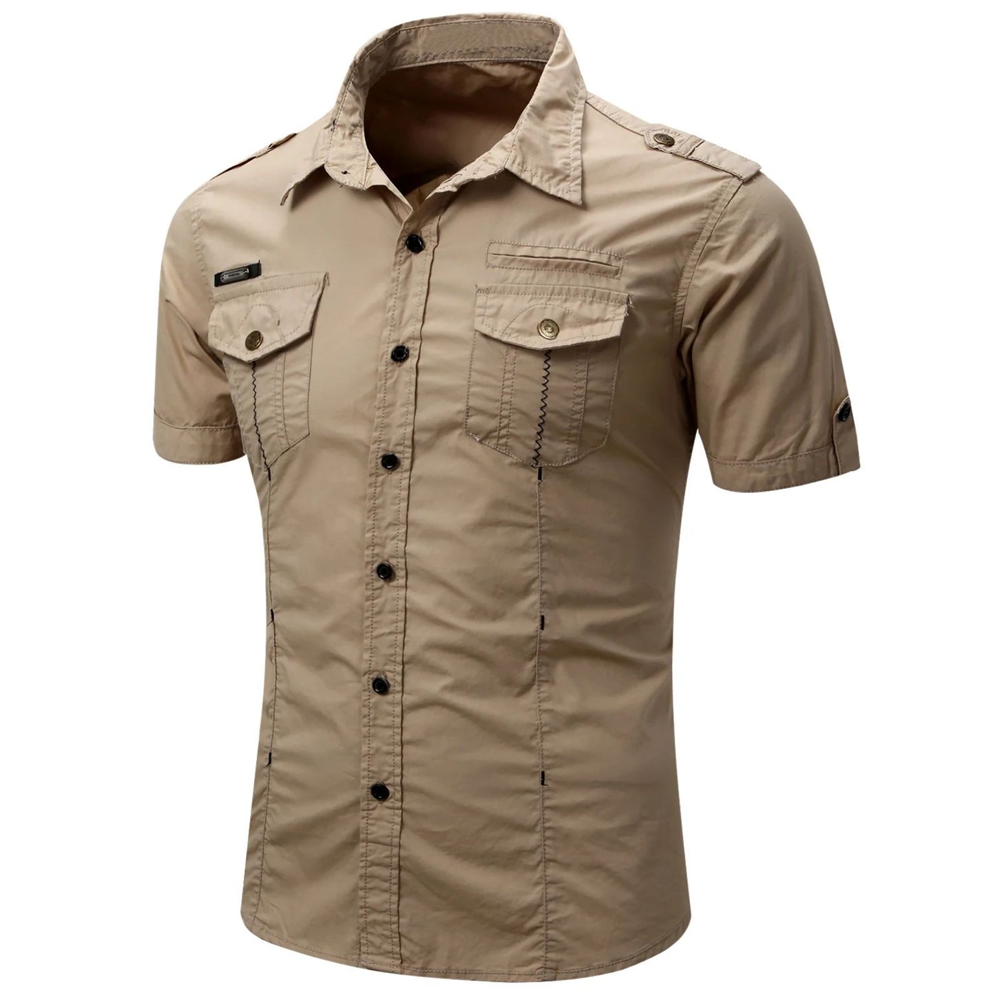 New Fashion Men's Casual Military Tactical Shirt Summer Short Sleeve Solid Color Cargo Work Shirts with Pocket