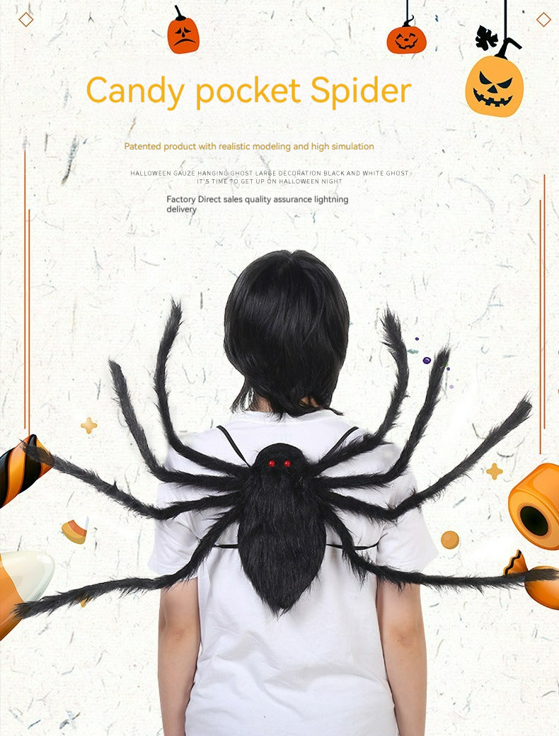 90/125CM Horror Plush Spider Bag Decoration Halloween Candy Backpack Big Spider Shape Trick or Treat Halloween Props Costume