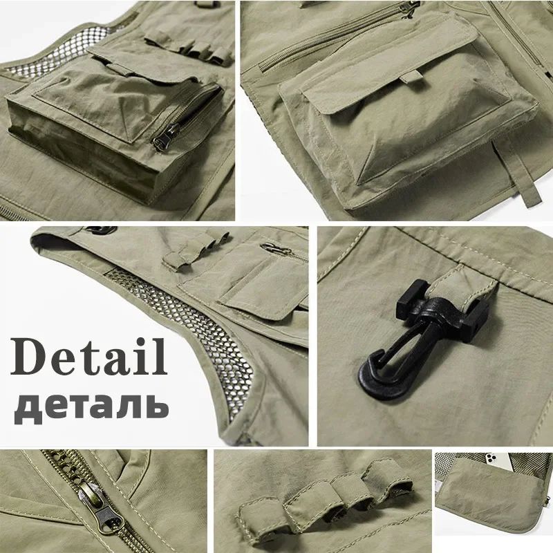 Colete Masculino de Malha com Vários Bolsos Secagem Rápida Sem Mangas Jaqueta Repórter Solto Casual Fino para Pesca Colete Masculino