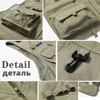 Colete Masculino de Malha com Vários Bolsos Secagem Rápida Sem Mangas Jaqueta Repórter Solto Casual Fino para Pesca Colete Masculino