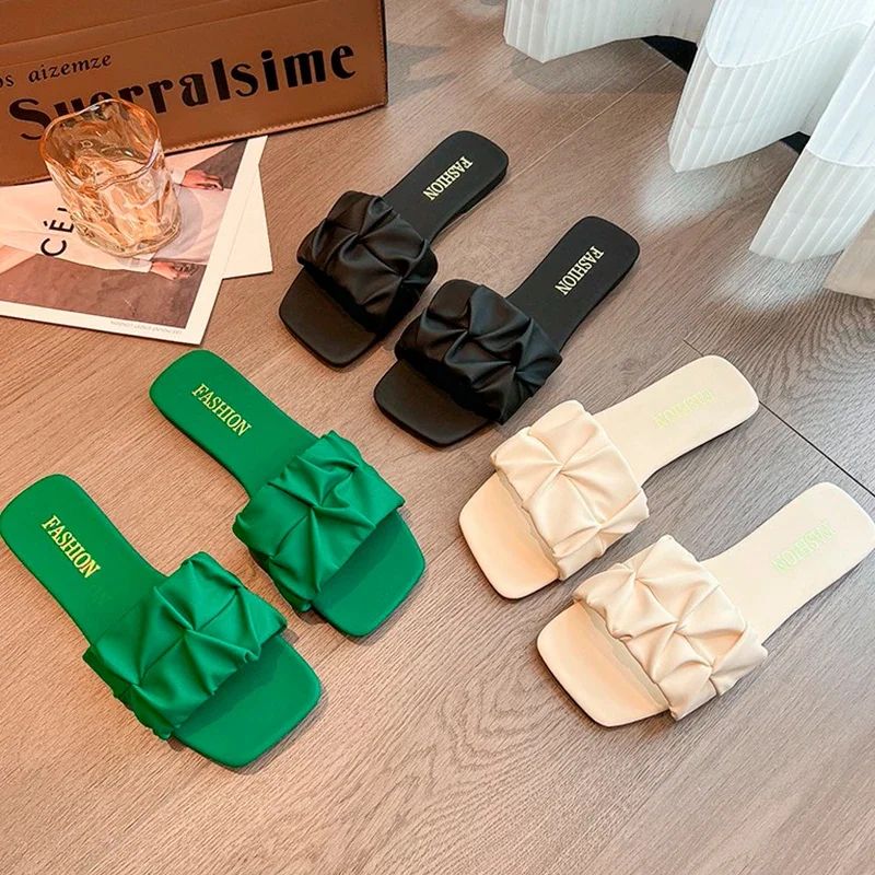 Summer Slippers For Women Flip Flops Flats 2024 New Pleated Korean Slippers Women Sandals Green Slip On Shoes Big Size 35-42
