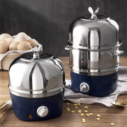 Panela Elétrica Multifuncional de Aço Inoxidável com Camada Dupla para Cozinhar Ovos – Vaporizador, Cozedor e Preparador de Café da Manhã, Eletrodoméstico Mini para Cozinha