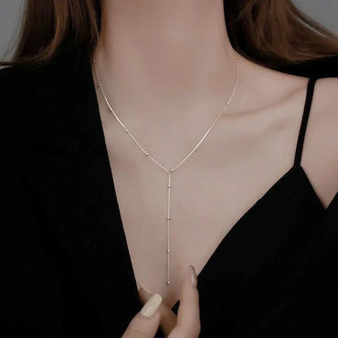 LATS Gold Color Double Layered Long Tassel Chain Necklaces for Women Simple Metal Geometric Bead Choker Necklace Fashion Jewelry